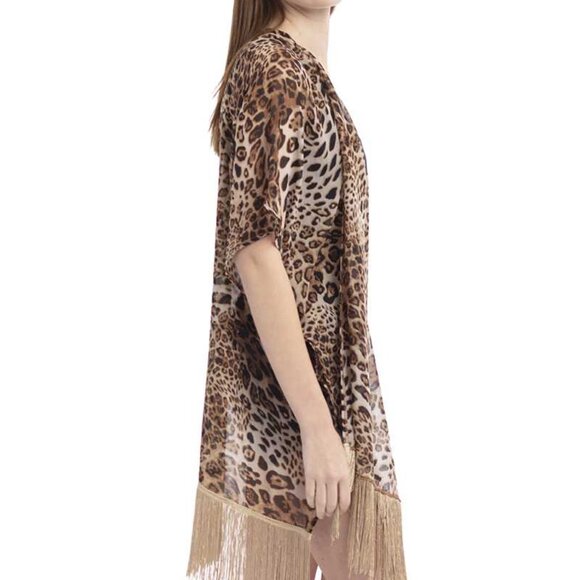 Women’s Leopard Print Cover Up Vest Swimsuit cover up kimono Sheer Fringe - Picture 3 of 7